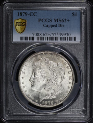 Obverse of this 1879-CC Morgan Dollar Capped Die PCGS MS-62+