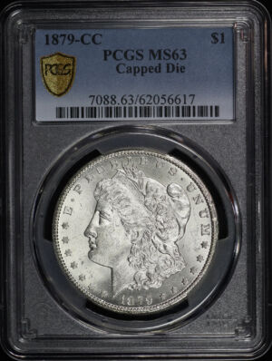 Obverse of this 1879-CC Morgan Dollar Capped Die PCGS MS-63