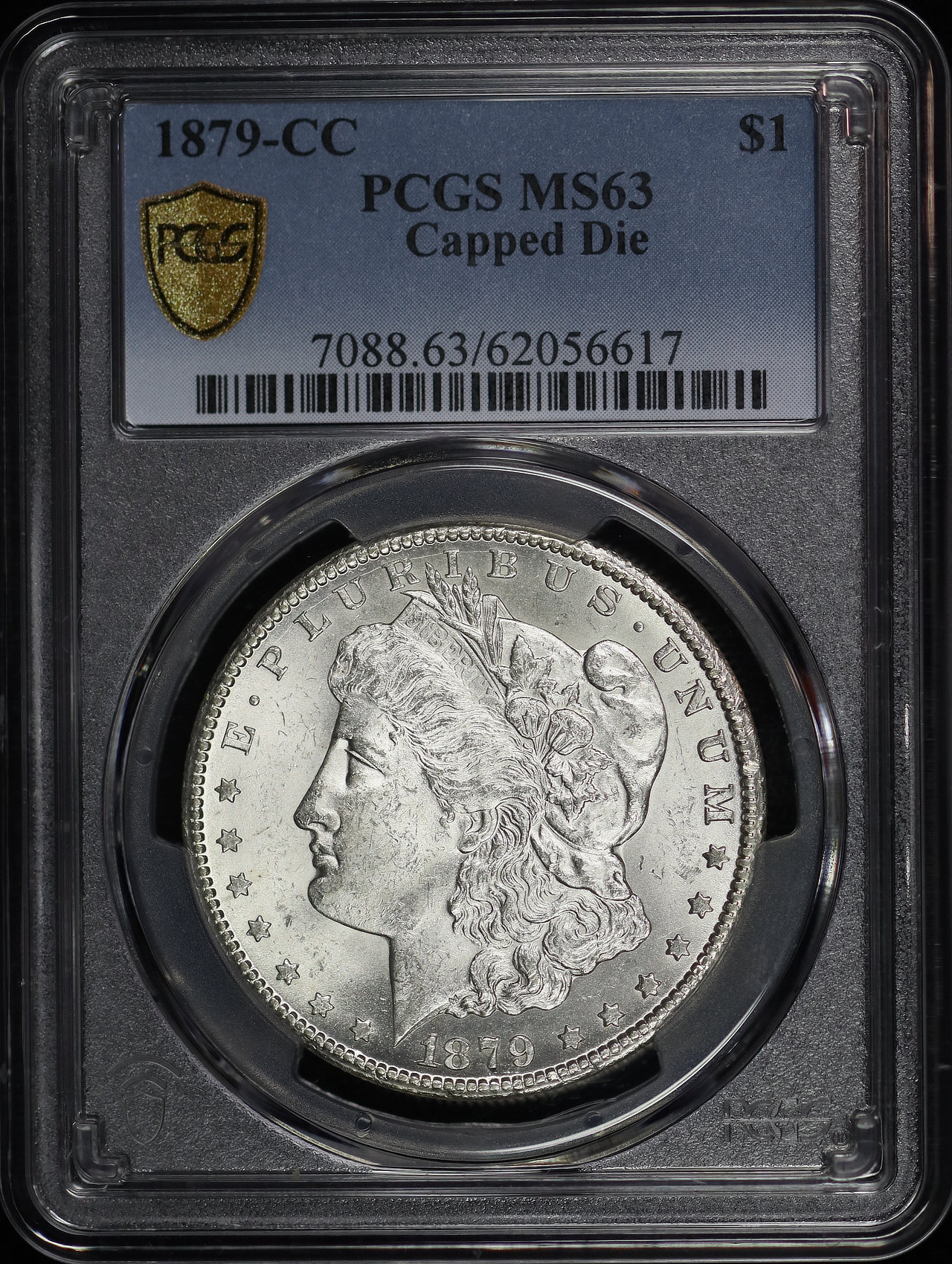 Obverse of this 1879-CC Morgan Dollar Capped Die PCGS MS-63