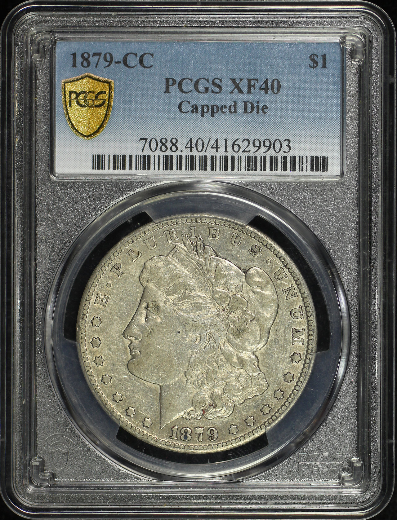 Obverse of this 1879-CC Morgan Dollar Capped Die PCGS XF-40