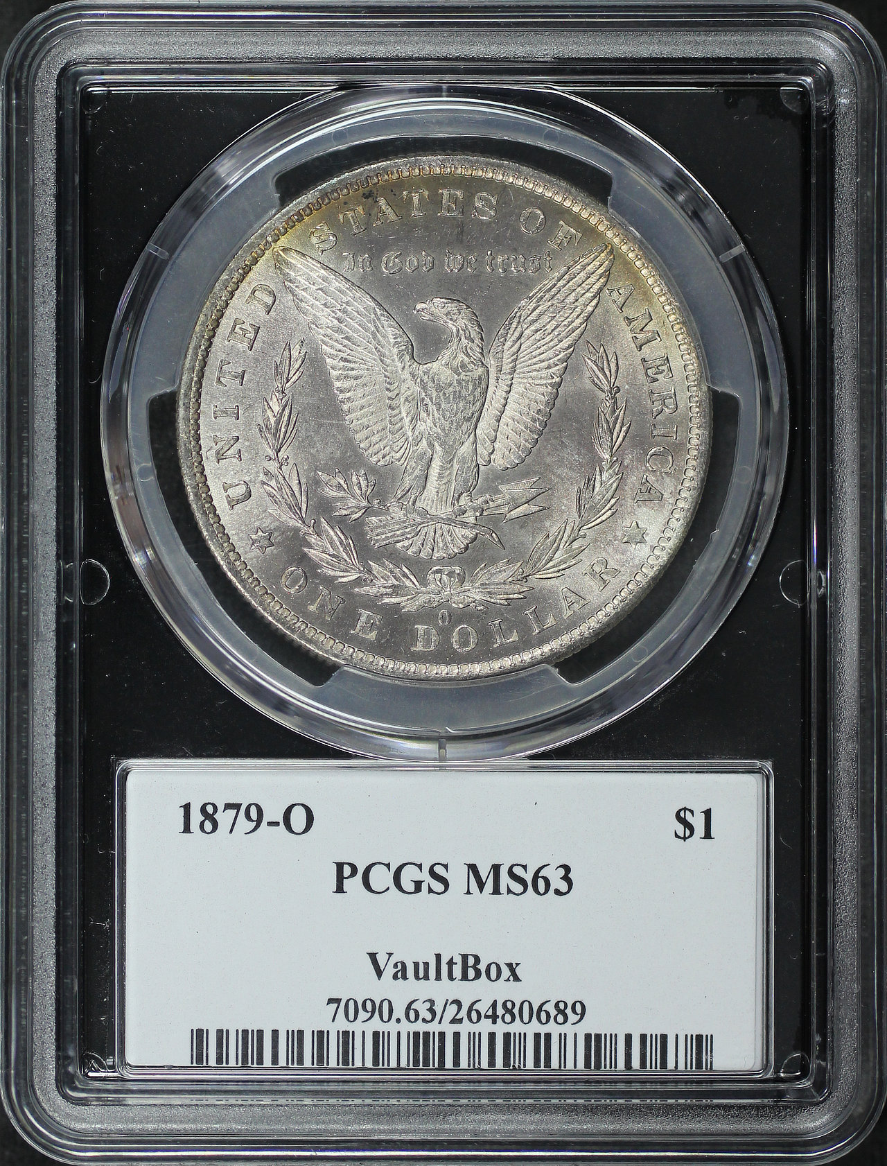 Reverse of this 1879-O Morgan Dollar PCGS MS-63 VaultBox Black Core Holder