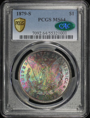 Obverse of this 1879-S Morgan Dollar PCGS MS-64 CAC Rainbow Toning