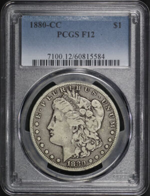 Obverse of this 1880-CC Morgan Dollar PCGS F-12