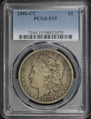 Obverse of this 1880-CC Morgan Dollar PCGS F-15