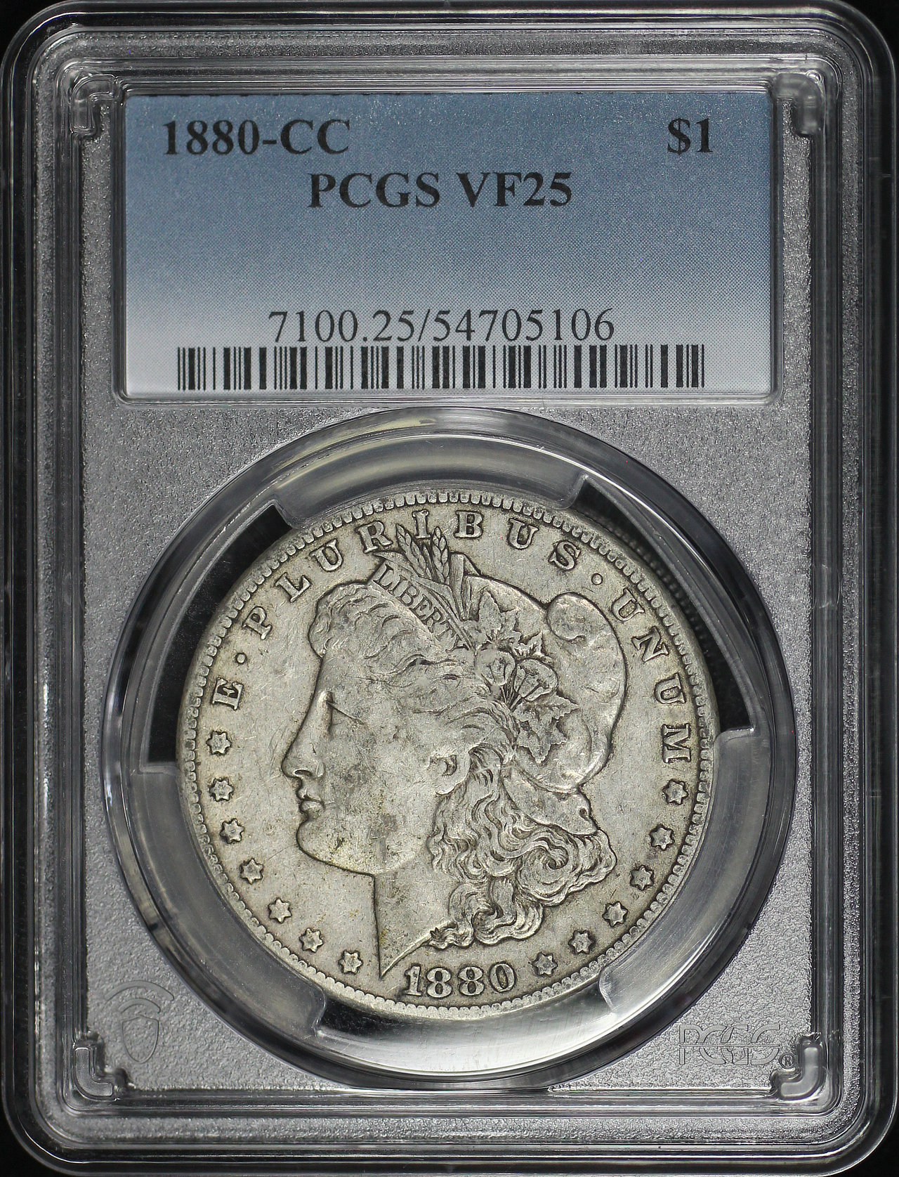 Obverse of this 1880-CC Morgan Dollar PCGS VF-25