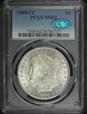 Obverse of this 1880-CC Morgan Dollar PCGS MS-62 CAC