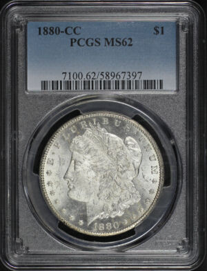 Obverse of this 1880-CC Morgan Dollar PCGS MS-62