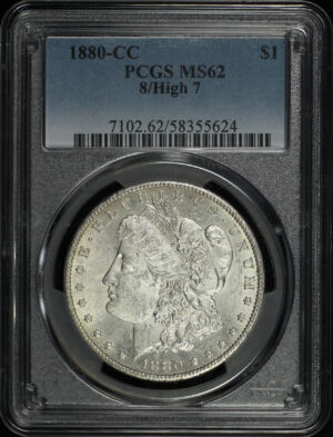 Obverse of this 1880-CC Morgan Dollar 8/High 7 PCGS MS-62