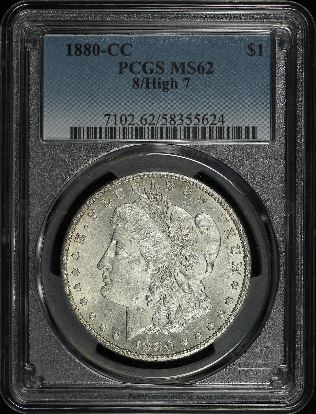 Obverse of this 1880-CC Morgan Dollar 8/High 7 PCGS MS-62