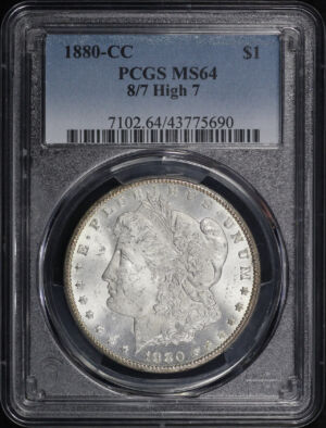 Obverse of this 1880-CC Morgan Dollar 8/High 7 PCGS MS-64