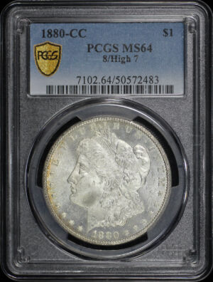 Obverse of this 1880-CC Morgan Dollar 8/High 7 PCGS MS-64