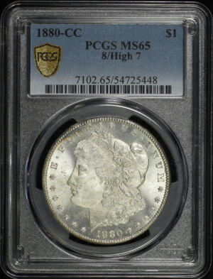 Obverse of this 1880-CC Morgan Dollar 8/High 7 PCGS MS-65