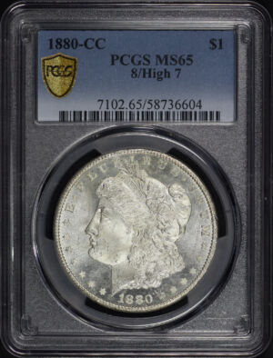 Obverse of this 1880-CC Morgan Dollar 8/High 7 PCGS MS-65