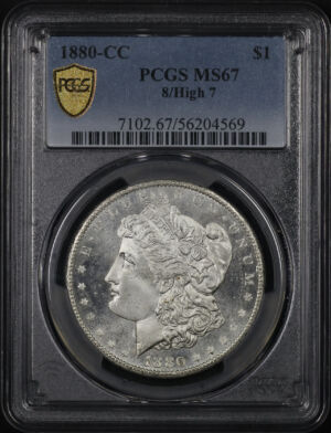 Obverse of this 1880-CC Morgan Dollar 8/High 7 PCGS MS-67