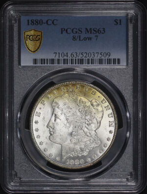Obverse of this 1880-CC Morgan Dollar 8/Low 7 PCGS MS-63