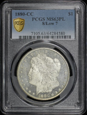 Obverse of this 1880-CC Morgan Dollar 8/Low 7 PCGS MS-63 PL