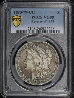 Obverse of this 1880/79-CC Reverse of 1878 Morgan Dollar PCGS VG-08 – Dark Rainbow Obverse Toning!
