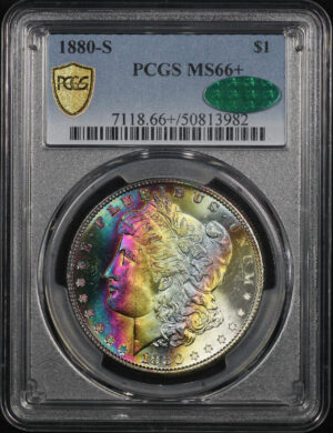 Obverse of this 1880-S Morgan Dollar PCGS MS-66+ CAC Vibrant Rainbow Obverse Toning