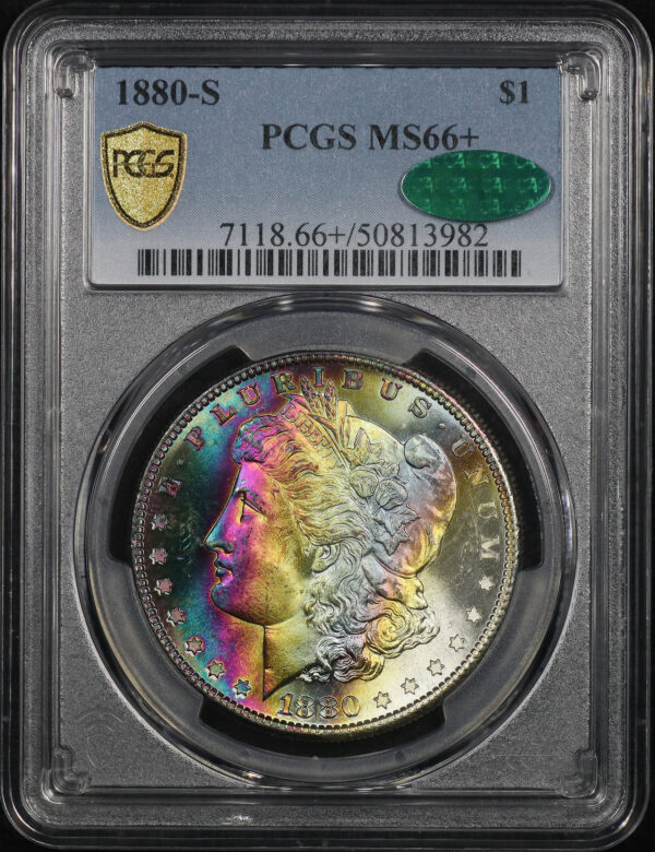 Obverse of this 1880-S Morgan Dollar PCGS MS-66+ CAC Vibrant Rainbow Obverse Toning
