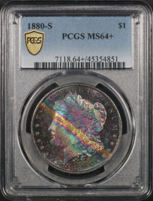 Obverse of this 1880-S Morgan Dollar PCGS MS-64+ Rainbow Obverse Toning