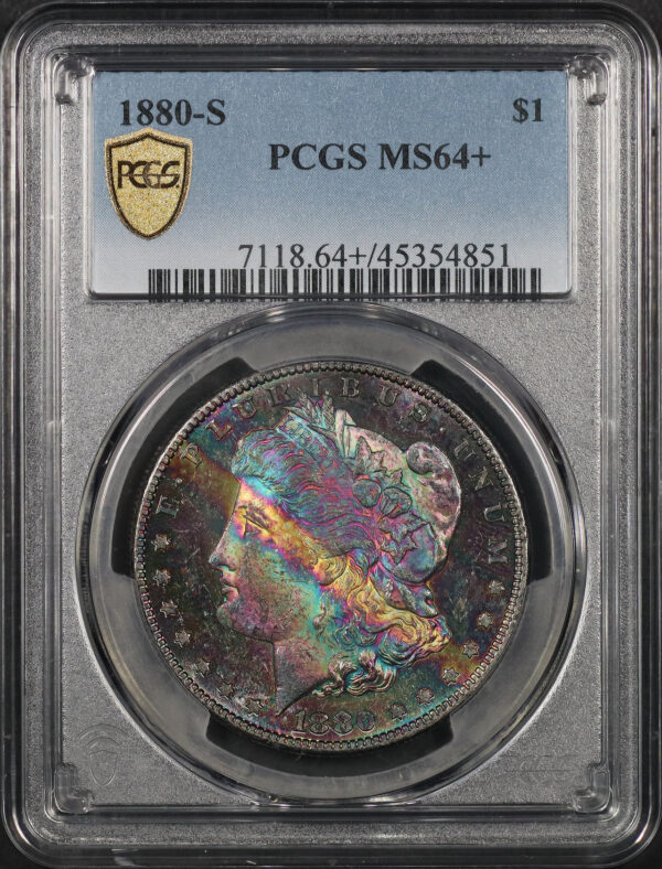 Obverse of this 1880-S Morgan Dollar PCGS MS-64+ Rainbow Obverse Toning