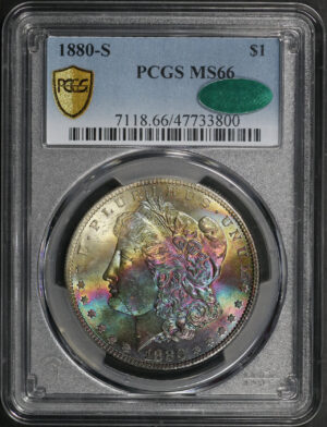 Obverse of this 1880-S Morgan Dollar PCGS MS-66 CAC Banded Rainbow Obverse Toning