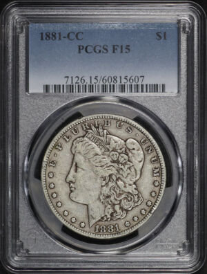 Obverse of this 1881-CC Morgan Dollar PCGS F-15