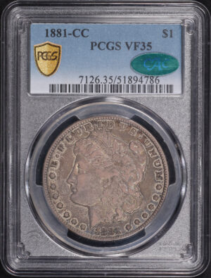 Obverse of this 1881-CC Morgan Dollar PCGS VF-35 CAC