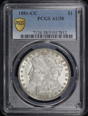Obverse of this 1881-CC Morgan Dollar PCGS AU-58