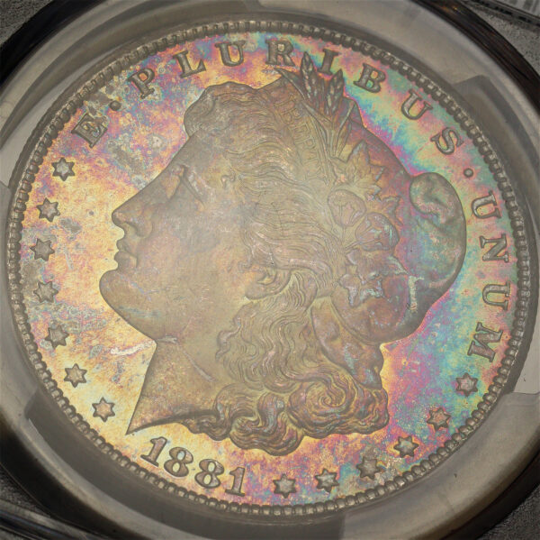 Gallery image of this 1881-CC Morgan Dollar PCGS MS-67 Vibrant Yellow, Violet, Blue, & Olive Green Hue Obverse Toning