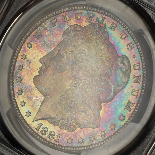 Gallery image of this 1881-CC Morgan Dollar PCGS MS-67 Vibrant Yellow, Violet, Blue, & Olive Green Hue Obverse Toning