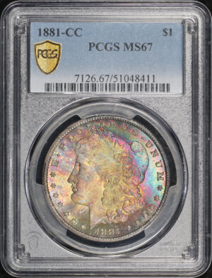 Obverse of this 1881-CC Morgan Dollar PCGS MS-67 Vibrant Yellow, Violet, Blue, & Olive Green Hue Obverse Toning