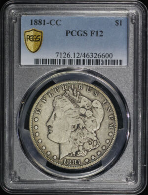 Obverse of this 1881-CC Morgan Dollar PCGS F-12