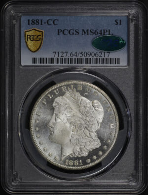 Obverse of this 1881-CC Morgan Dollar PCGS MS-64 PL CAC