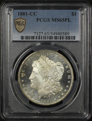 Obverse of this 1881-CC Morgan Dollar PCGS MS-65 PL