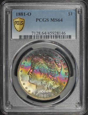 Obverse of this 1881-O Morgan Dollar PCGS MS-64 Velvety Banded Rainbow Obverse Toning
