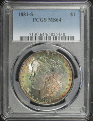 Obverse of this 1881-S Morgan Dollar PCGS MS-64 Rainbow Envelope Toning