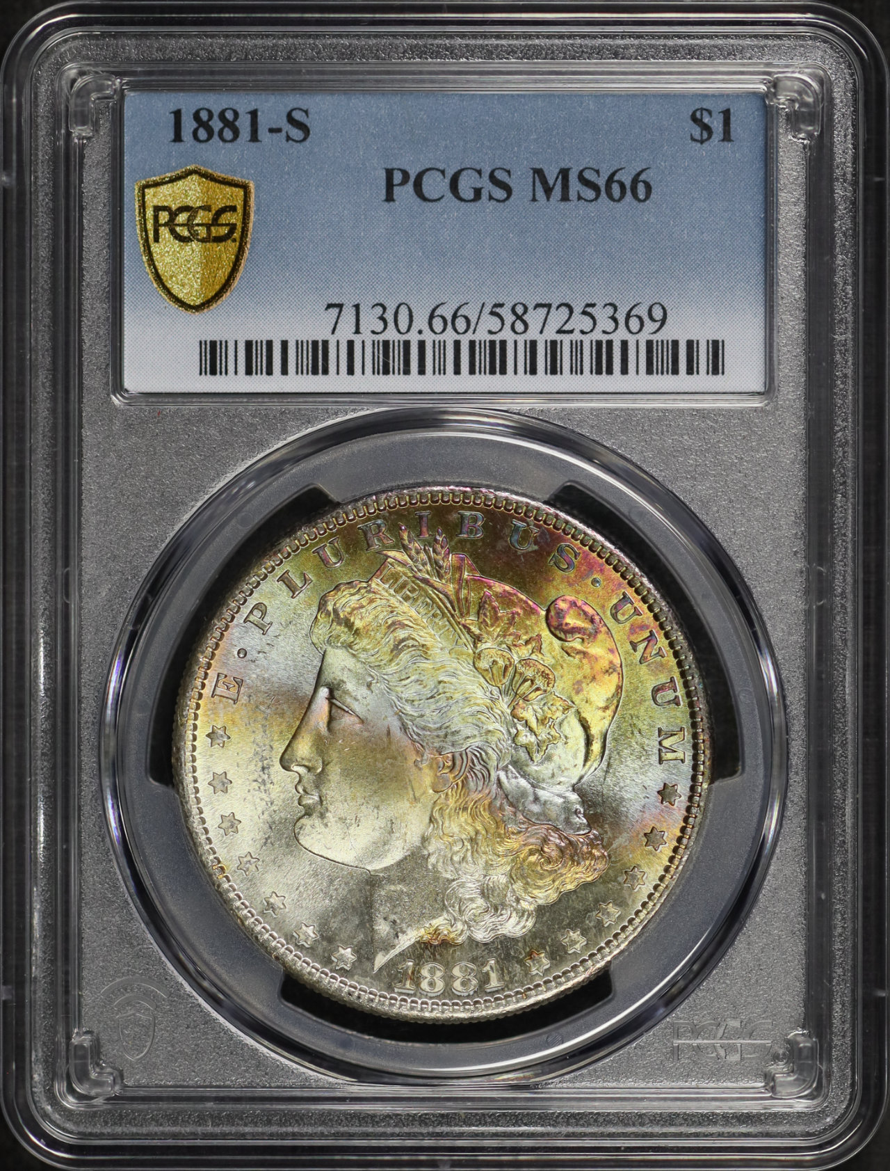 Obverse of this 1881-S Morgan Dollar PCGS MS-66 Obverse Rainbow Toning.
