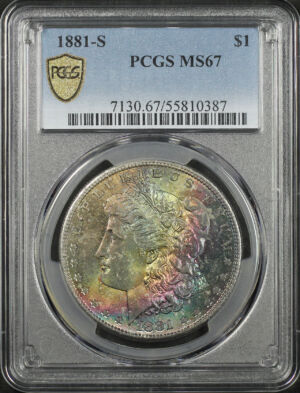 Obverse of this 1881-S Morgan Dollar PCGS MS-67 Rainbow Toning