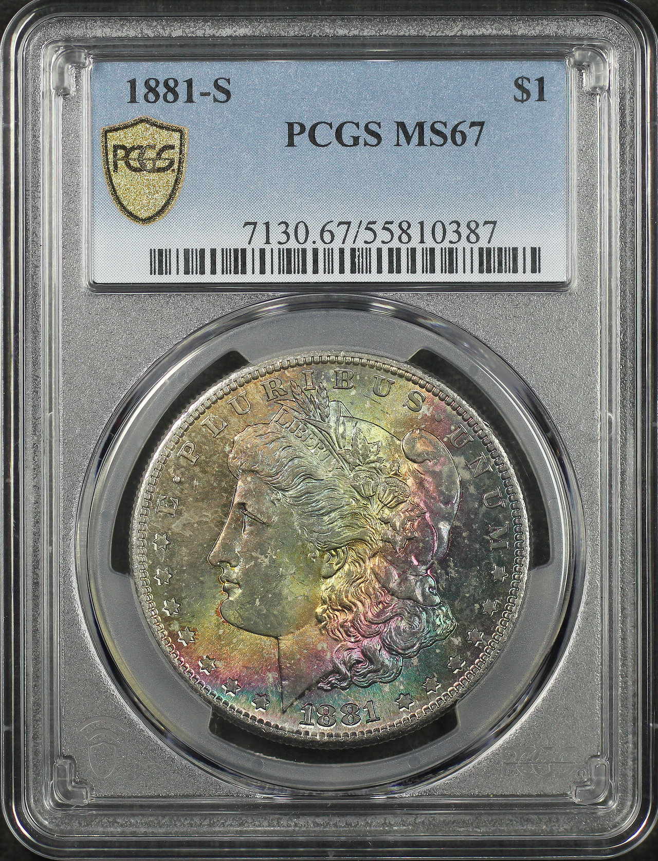 Obverse of this 1881-S Morgan Dollar PCGS MS-67 Rainbow Toning