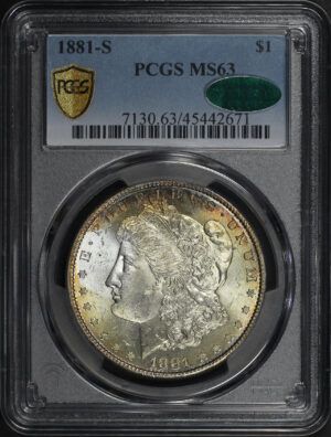 Obverse of this 1881-S Morgan Dollar PCGS MS-63 CAC Rainbow Reverse Toning