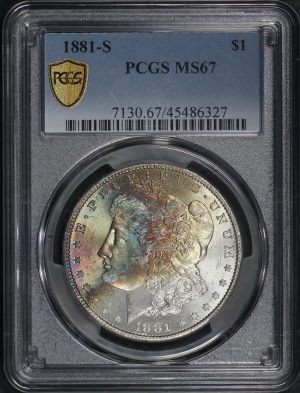Obverse of this 1881-S Morgan Dollar PCGS MS-67 Obverse Rainbow Toning