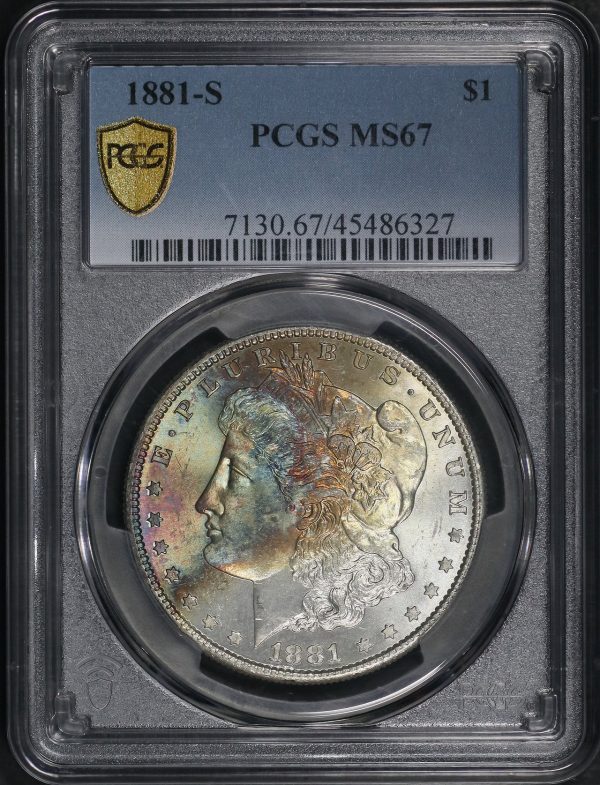 Obverse of this 1881-S Morgan Dollar PCGS MS-67 Obverse Rainbow Toning
