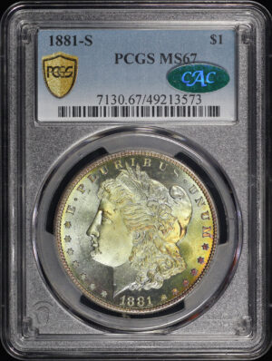 Obverse of this 1881-S Morgan Dollar PCGS MS-67 CAC Green Obverse Toning