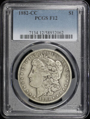 Obverse of this 1882-CC Morgan Dollar PCGS F-12
