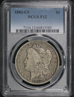 Obverse of this 1882-CC Morgan Dollar PCGS F-12