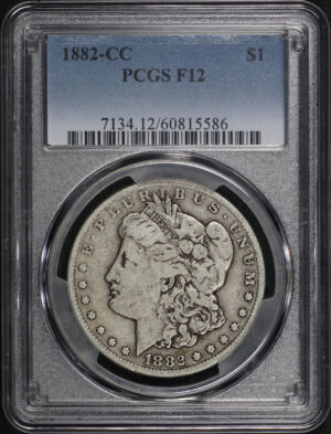 Obverse of this 1882-CC Morgan Dollar PCGS F-12