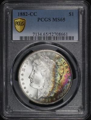 Obverse of this 1882-CC Morgan Dollar PCGS MS-65 Crescent Rainbow Toning  