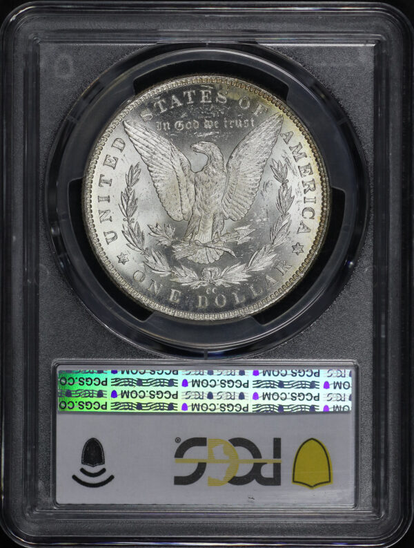 Reverse of this 1882-CC Morgan Dollar PCGS MS-65 Crescent Rainbow Toning  