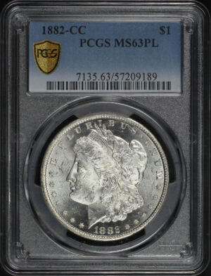 Obverse of this 1882-CC Morgan Dollar PCGS MS-63 PL